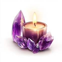 A glowing candle sits in the center of a cluster of vibrant purple crystals, their sharp edges reflecting the soft, warm light. The serene ambiance evokes a sense of calm and spiritual connection, enhanced by the rich tones of the amethyst surrounding the candle.