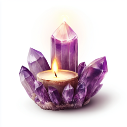 A softly glowing candle rests at the base of a vibrant cluster of tall, pointed amethyst crystals. The tallest crystal rises prominently behind the flame, while smaller ones surround it, creating a mystical and serene atmosphere with the contrast of warm candlelight and the cool, purple hues of the crystals.