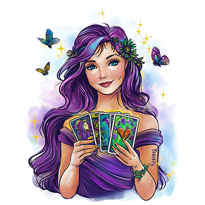 A smiling woman with long, flowing purple hair holds a fan of colorful tarot cards. She wears a matching purple dress adorned with a flower in her hair. Butterflies flutter around her, adding a whimsical touch, while soft, magical sparkles fill the background, enhancing the mystical vibe.