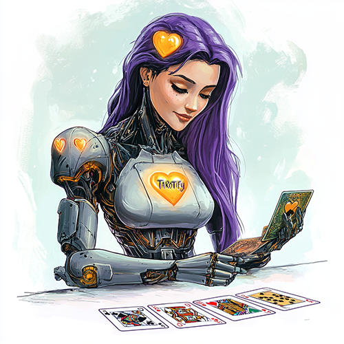 The image depicts a humanoid robot with a sleek, futuristic design, featuring a combination of metallic and human-like elements. The robot has long, flowing purple hair and a warm expression, emphasizing a blend of artificial intelligence and empathy. A glowing heart symbol is present on its chest and forehead, both displaying an orange hue, which conveys a sense of care and connection. The chest also features the logo "TAROTIFY." The robot is engaged in a tarot card reading, with four tarot cards laid out on the table in front of it.