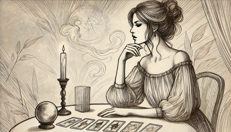 A sketch-style illustration of a woman sitting at a table, looking thoughtful as she observes a spread of tarot cards. A candle and a crystal ball are placed on the table, adding a mystical atmosphere. The background features soft, artistic swirls and floral elements, complementing the serene and reflective mood.