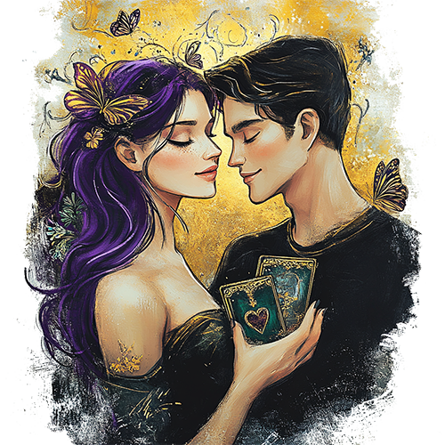 A romantic and enchanting scene of a woman with flowing purple hair adorned with butterflies and a man standing close together. The woman holds tarot cards, one featuring a heart symbol, while the background glows with golden tones and a dreamy atmosphere. Butterflies surround the couple, adding a magical and ethereal touch to the image.