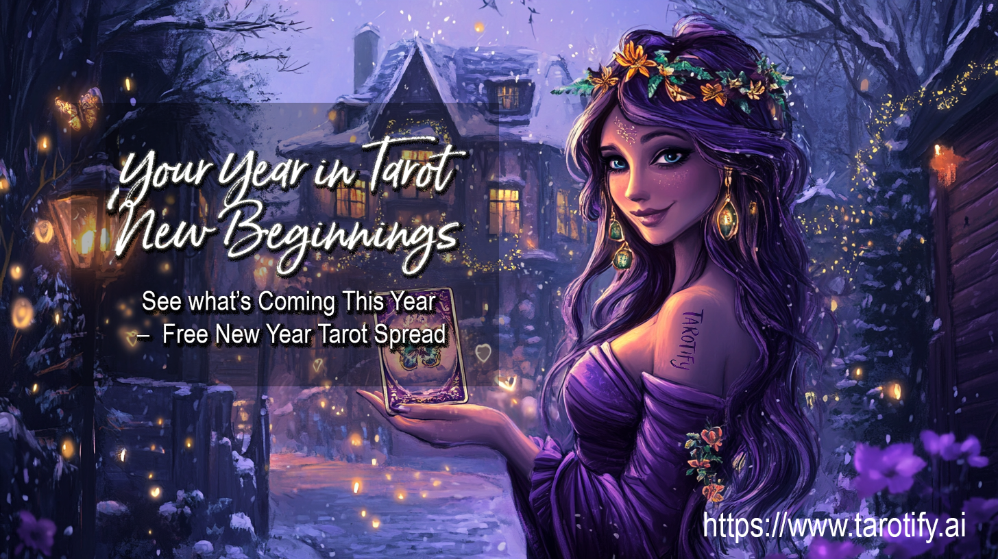 A mystical illustration of a woman with long purple hair adorned with flowers and glowing earrings, holding a tarot card in a snowy village scene. The text reads: 'Your Year in Tarot, New Beginnings. See what's Coming This Year — Free New Year Tarot Spread.' The setting features warm glowing lights, snow-covered rooftops, and an enchanting ambiance.