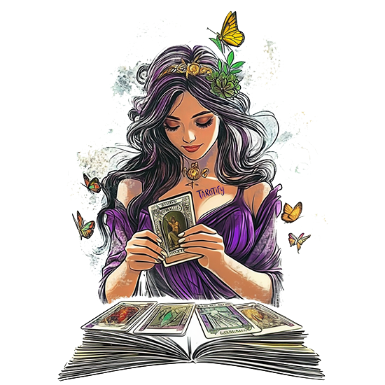 An illustration of a woman in a purple dress holding a tarot deck. She is looking at one card while more cards are spread out on an open book in front of her. Butterflies and plants surround her, creating a magical and dreamy atmosphere.