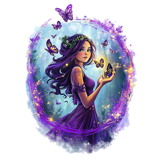 A mystical woman with long purple hair, wearing a violet dress and surrounded by glowing butterflies. She stands in an enchanted forest setting with a magical purple aura encircling her.