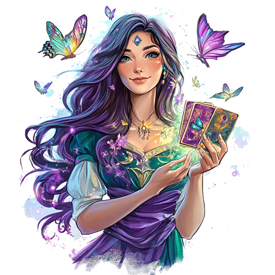 An illustration of a woman with flowing purple hair, dressed in a mystical outfit with shades of green and purple, holding tarot cards glowing with vibrant energy. She is surrounded by colorful butterflies and a magical aura of light, symbolizing spirituality and transformation. The scene is detailed with delicate flowers and sparkles, creating a dreamlike and enchanting atmosphere.